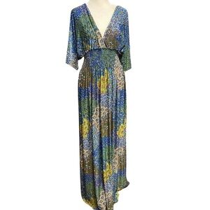5th & Love Maxi Dress Size L Blue Green Paisley V Neck Boho Hippie Cottagecore